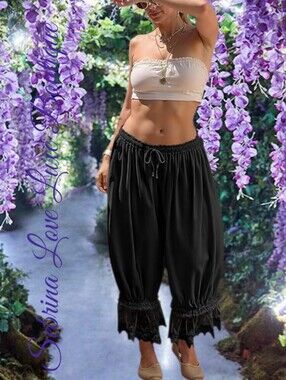 Romantic Victorian Inspired Black Lace-Hem Boho Bloomer Pantaloon Harem Pants